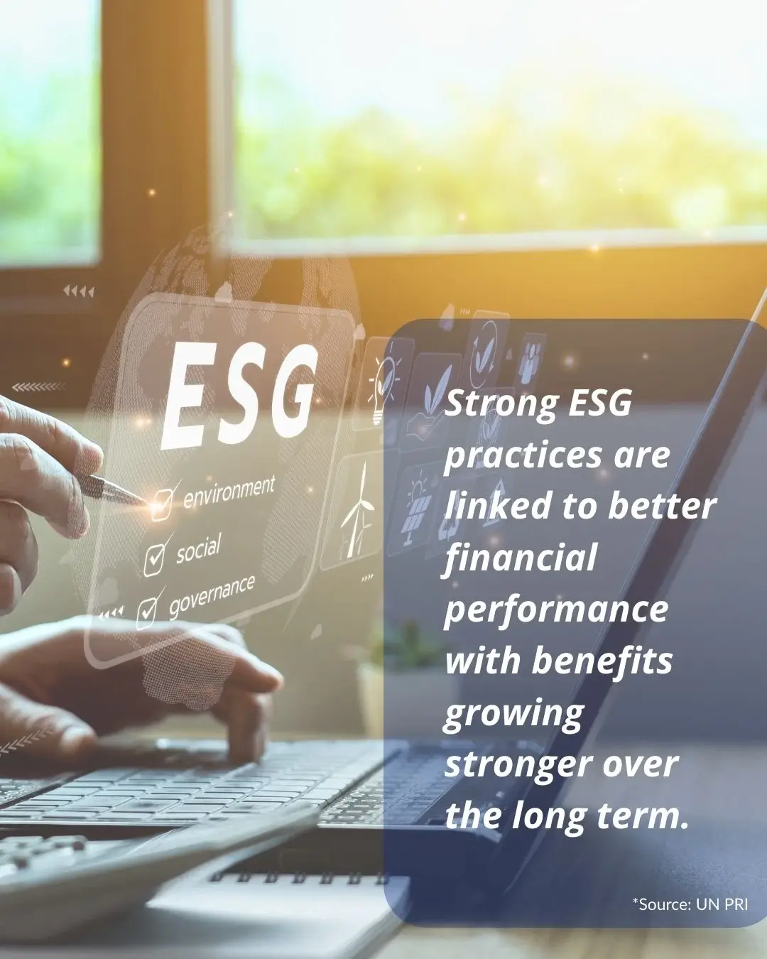 ESG consultant analyzing ESG (Environmental, Social, Governance) data on a laptop