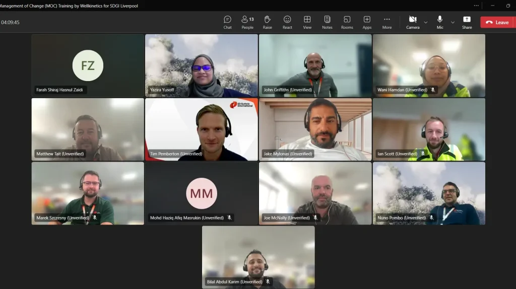 Virtual class screenshot of international participants attending online Management of Change (MOC) Training for remote process safety learning.